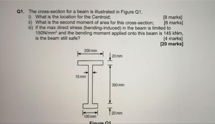 Q1 The Cross Section For A Beam Is Illustrated In Figure Q1 I What Is The Location For The Centroid 8 Marks Ii Wh 1