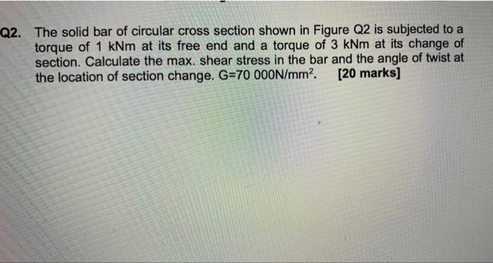 Q2 The Solid Bar Of Circular Cross Section Shown In Figure Q2 Is Subjected To A Torque Of 1 Knm At Its Free End And A T 1