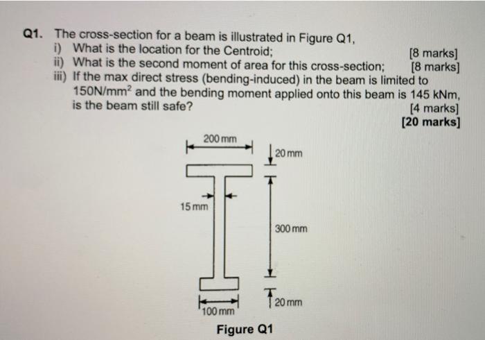 Q1 The Cross Section For A Beam Is Illustrated In Figure Q1 I What Is The Location For The Centroid 8 Marks Ii Wh 1