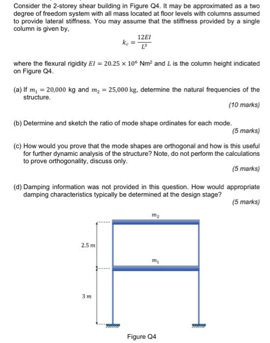 Consider The 2 Storey Shear Building In Figure Q4 It May Be Approximated As A Two Degree Of Freedom System With All Mas 1