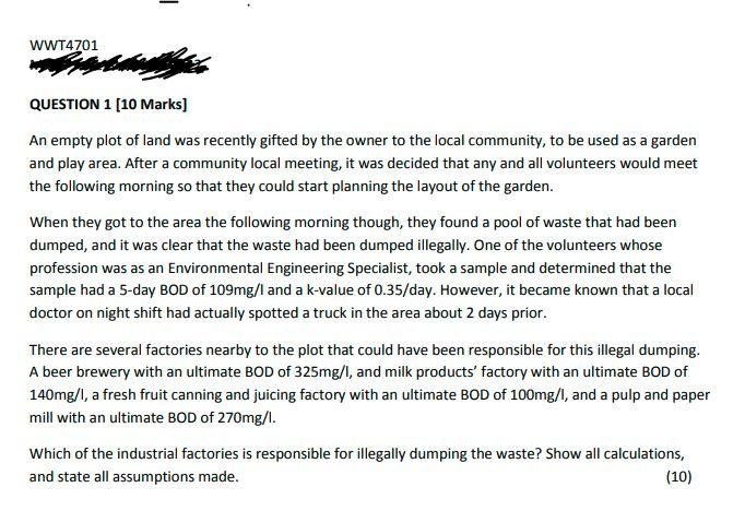 Wwt4701 Question 1 10 Marks An Empty Plot Of Land Was Recently Gifted By The Owner To The Local Community To Be Used 1