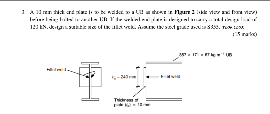 3 A 10 Mm Thick End Plate Is To Be Welded To A Ub As Shown In Figure 2 Side View And Front View Before Being Bolted T 1