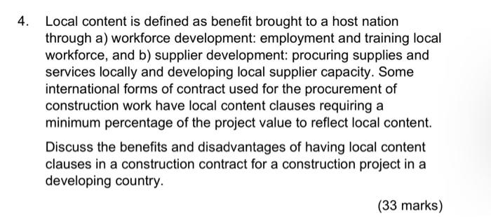 4 Local Content Is Defined As Benefit Brought To A Host Nation Through A Workforce Development Employment And Trainin 1