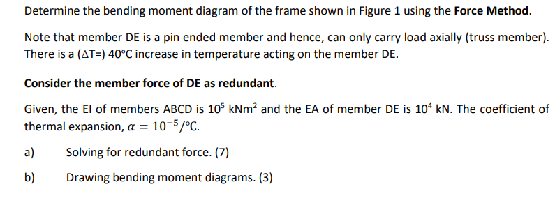 Determine The Bending Moment Diagram Of The Frame Shown In Figure 1 Using The Force Method Note That Member De Is A Pin 1