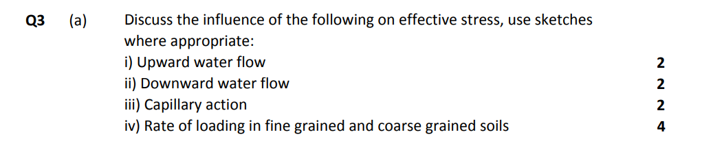 Q3 A Discuss The Influence Of The Following On Effective Stress Use Sketches Where Appropriate I Upward Water Flow 1