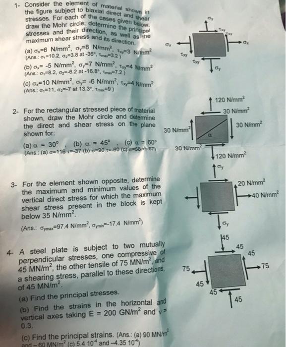Tay T Og 1 Consider The Element Of Material Shown In The Figure Subject To Biaxial Direct And Thear Stresses For Each 1