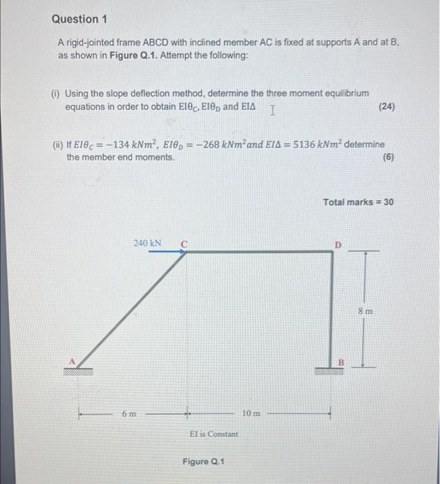 Question 1 A Rigid Jointed Frame Abcd With Inclined Member Ac Is Fixed At Supports A And At B As Shown In Figure Q 1 A 1