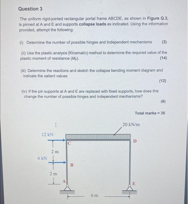 Question 3 The Uniform Rigid Jointed Rectangular Portal Frame Abcde As Shown In Figure Q 3 Is Pinned At A And E And Su 1