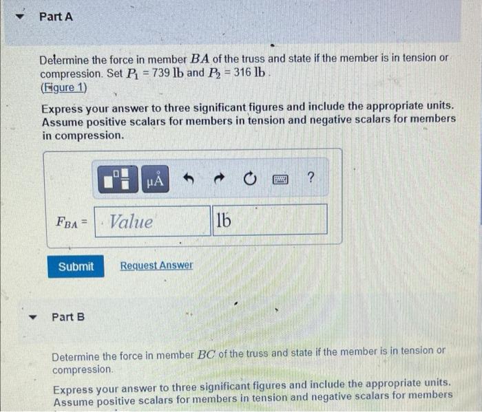 6 Ft 8 Ft C A 8 Ft P2 P Part A Determine The Force In Member Ba Of The Truss And State If The Member Is In Tension O 2