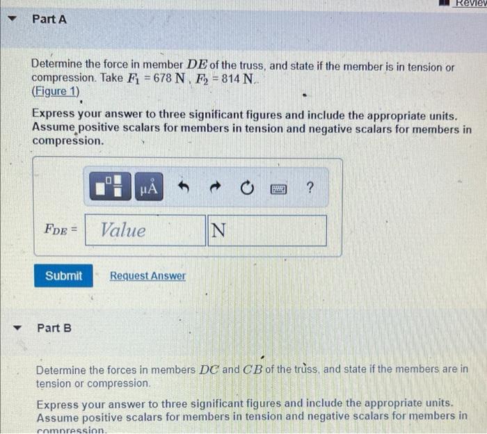E 1 F 2 4 M A6 B 6 M Revier Part A Determine The Force In Member De Of The Truss And State If The Member Is In Tens 2