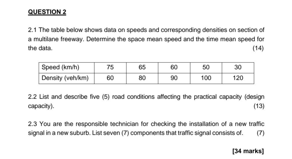 Question 2 2 1 The Table Below Shows Data On Speeds And Corresponding Densities On Section Of A Multilane Freeway Deter 1