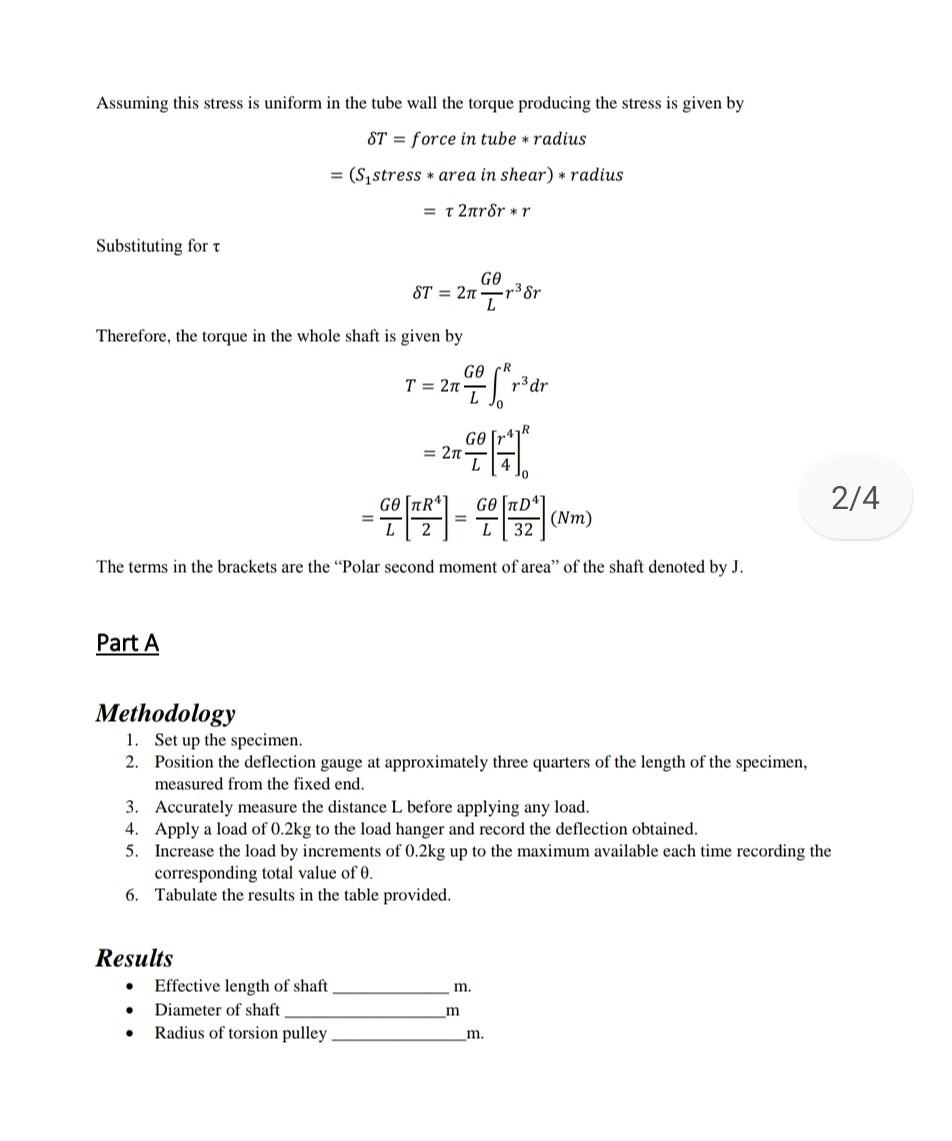 Assuming This Stress Is Uniform In The Tube Wall The Torque Producing The Stress Is Given By 8t Force In Tube Radius 1