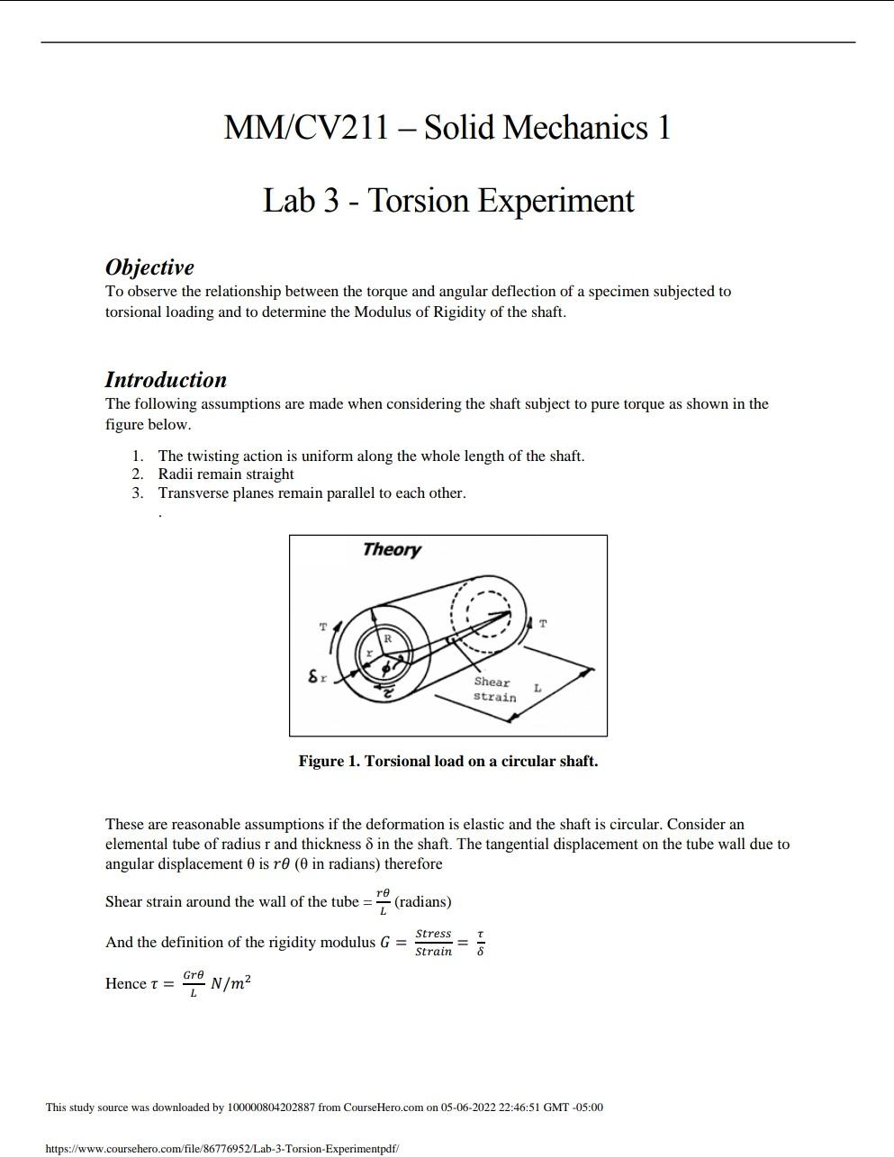 Assuming This Stress Is Uniform In The Tube Wall The Torque Producing The Stress Is Given By 8t Force In Tube Radius 2