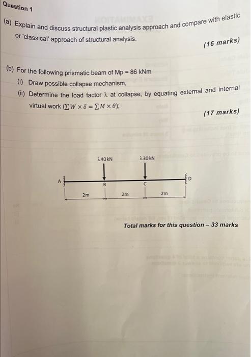 Question 1 A Explain And Discuss Structural Plastic Analysis Approach And Compare With Elastic Or Classical Approach 1