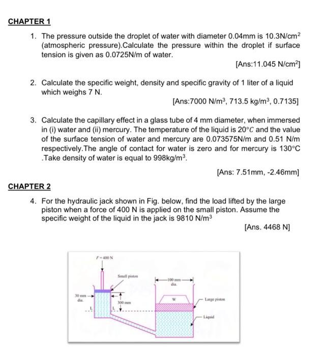 Chapter 1 1 The Pressure Outside The Droplet Of Water 103 Atmospheric Pressure Calculate The Pressure In The Droplet S 3