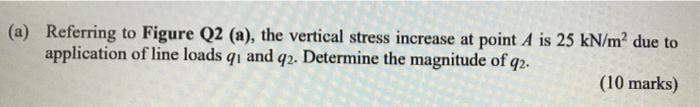 A Referring To Figure Q2 A The Vertical Stress Increase At Point A Is 25 Kn M Due To Application Of Line Loads 91 1
