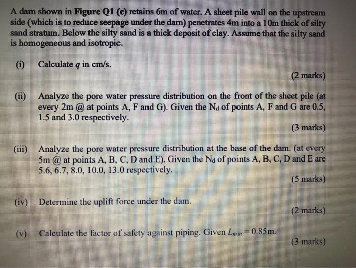 A A Dam Shown In Figure Q1 C Retains 6m Of Water A Sheet Pile Wall On The Upstream Side Which Is To Reduce Seepage U 1
