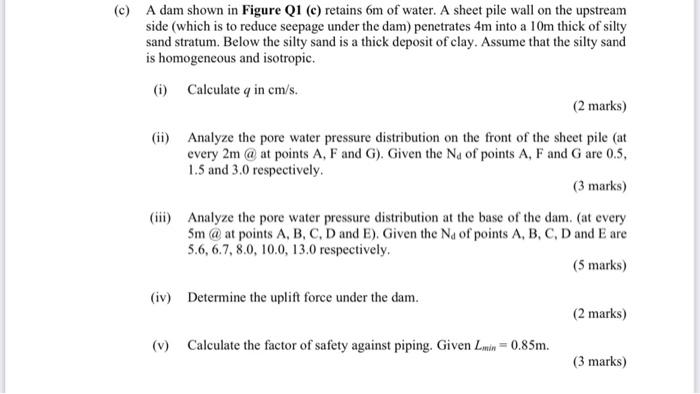 C A Dam Shown In Figure Q1 C Retains 6m Of Water A Sheet Pile Wall On The Upstream Side Which Is To Reduce Seepage 1