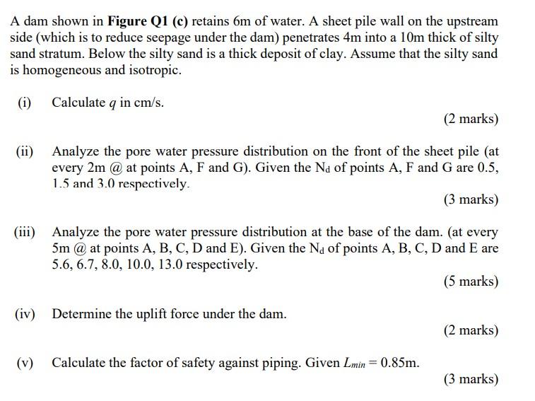 6 M 20 M I Sm B Ie 1 F4m G 10 M E 0 85 G 2 67 K 3 X 10 3 Cm S Impervious Clay A Dam Shown In Figure Q1 C R 2