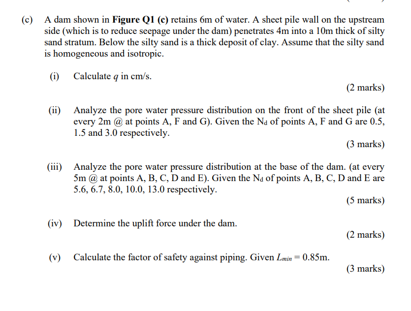 C A Dam Shown In Figure Q1 C Retains 6m Of Water A Sheet Pile Wall On The Upstream Side Which Is To Reduce Seepage 1