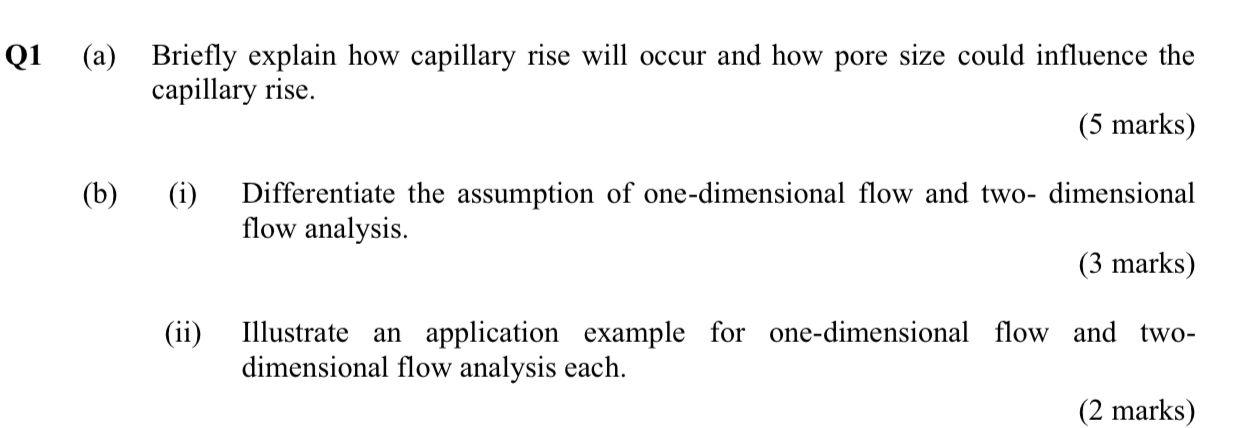 Qi A Briefly Explain How Capillary Rise Will Occur And How Pore Size Could Influence The Capillary Rise 5 Marks B 1