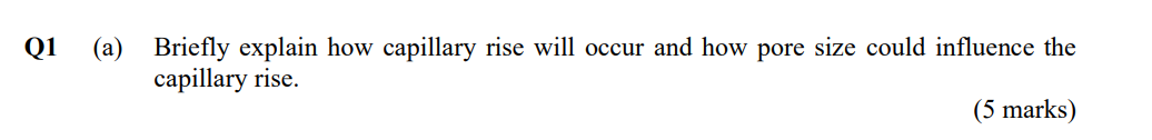 Q1 A Briefly Explain How Capillary Rise Will Occur And How Pore Size Could Influence The Capillary Rise 5 Marks 1