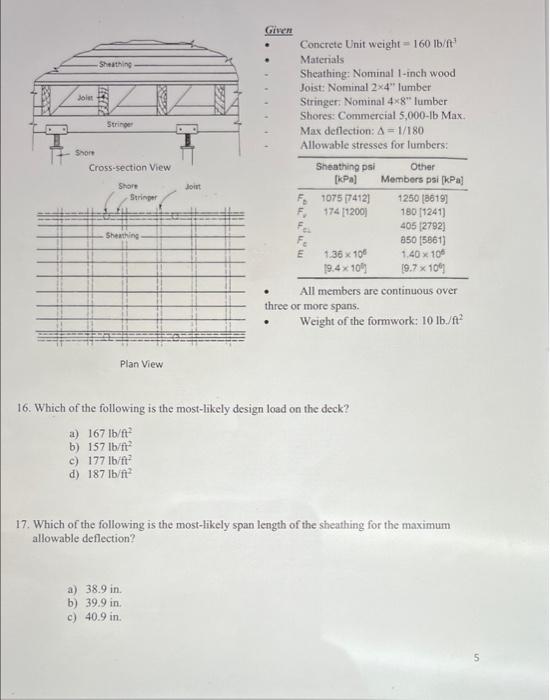 Questions 16 20 Concrete Formwork Design 5 Points Each A Concrete Formwork For An 8 Inch Elevated Concrete Floor Sl 2