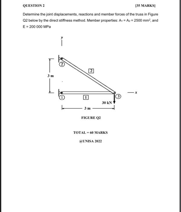Question 2 135 Marks Determine The Joint Displacements Reactions And Member Forces Of The Truss In Figure Q2 Below By T 1
