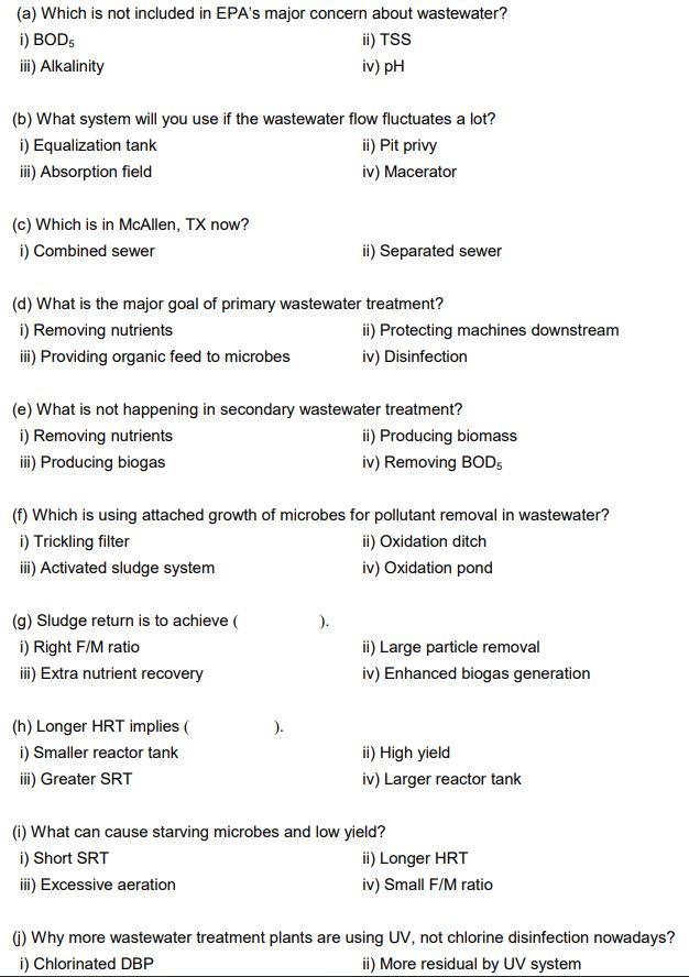 A Which Is Not Included In Epa S Major Concern About Wastewater I Bod Ii Tss Iii Alkalinity Iv Ph B What System 1