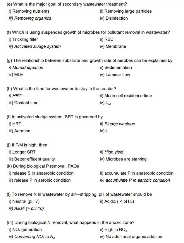 E What Is The Major Goal Of Secondary Wastewater Treatment 1 Removing Nutrients Ii Removing Large Particles Iii Re 1