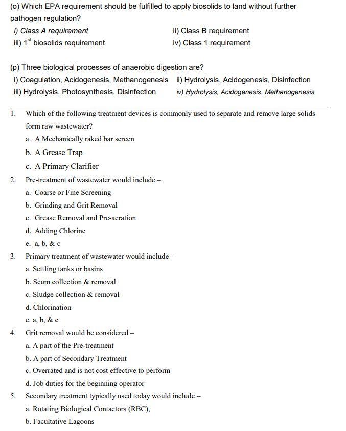 O Which Epa Requirement Should Be Fulfilled To Apply Biosolids To Land Without Further Pathogen Regulation I Class A 1