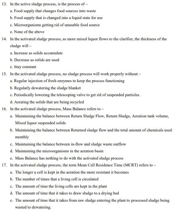 13 In The Active Sludge Process Is The Process Of A Food Supply That Changes Food Sources Into Waste B Food Supply 1