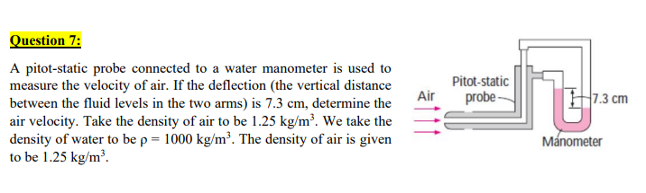 Question 7 A Pitot Static Probe Connected To A Water Manometer Is Used To Measure The Velocity Of Air If The Deflectio 1