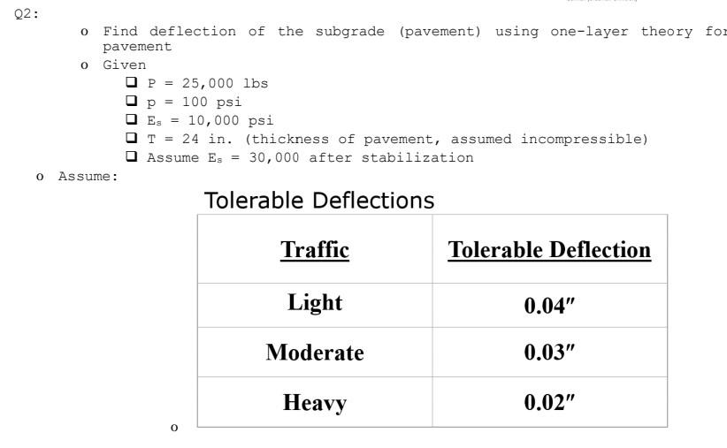 O Q2 Find Deflection Of The Subgrade Pavement Using One Layer Theory For Pavement O Given I P 25 000 Lbs P 100 1