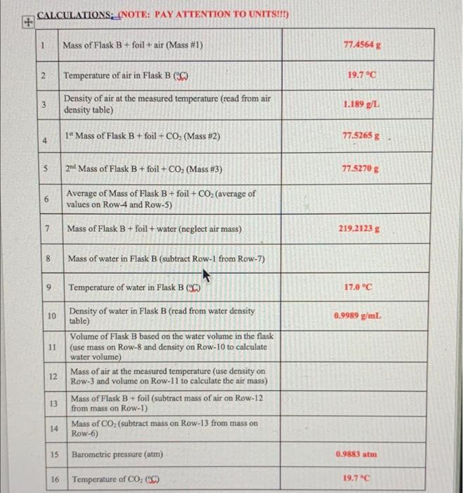 Calculations Note Pay Attention To Units 1 Mass Of Flask B Foil Air Mass 1 77 4564 G 2 19 7 C Temperatur 1