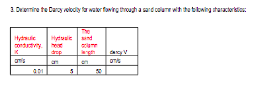 3 Determine The Darcy Velocity For Water Flowing Through A Sand Column With The Following Characteristics The Hydrauic 1