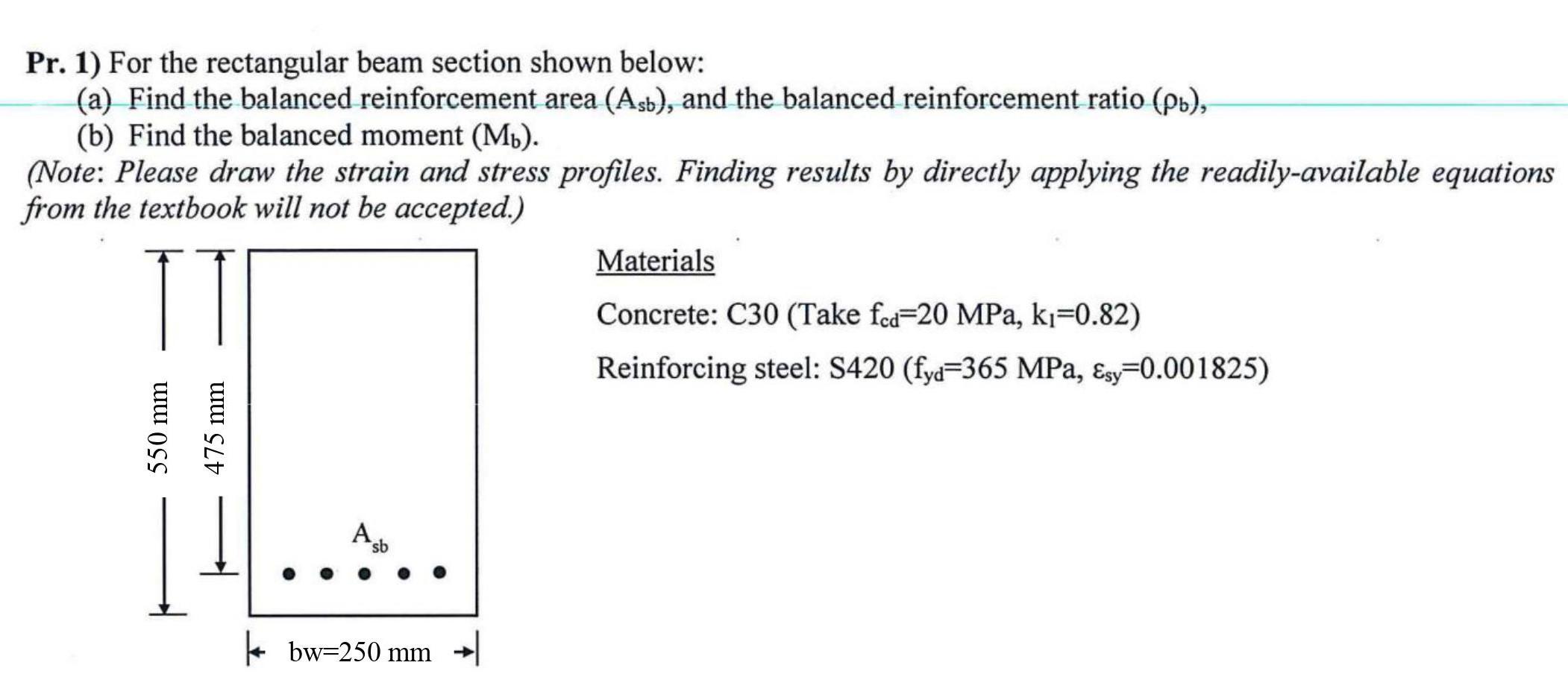 Pr 1 For The Rectangular Beam Section Shown Below A Find The Balanced Reinforcement Area Asb And The Balanced Re 1