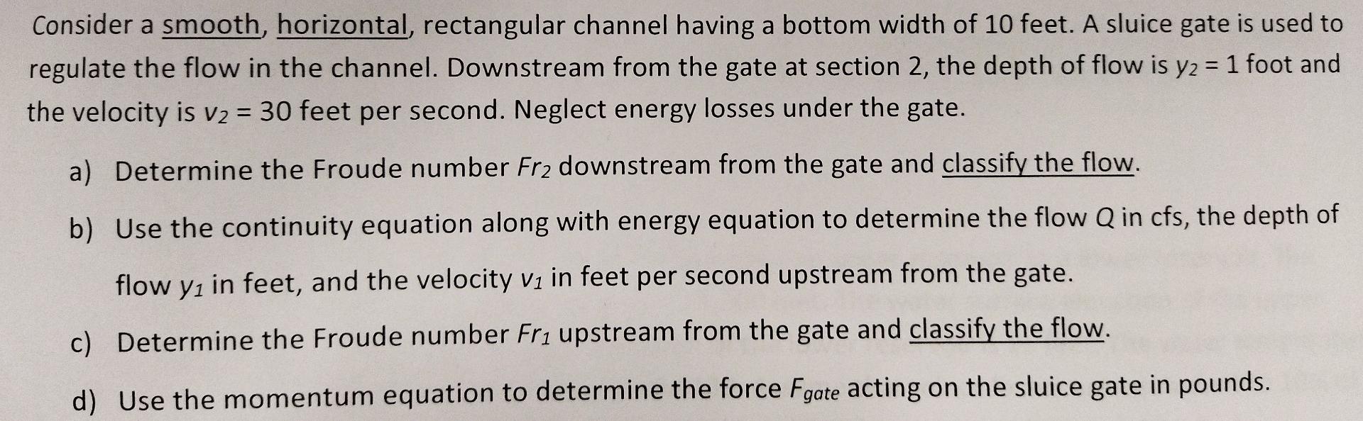 Consider A Smooth Horizontal Rectangular Channel Having A Bottom Width Of 10 Feet A Sluice Gate Is Used To Regulate T 1
