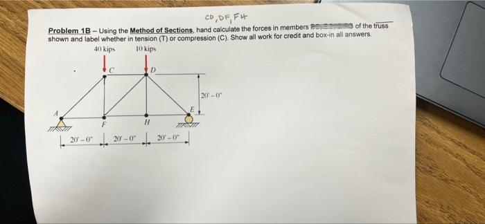 Co Df Fh Problem 1b Using The Method Of Sections Hand Calculate The Forces In Members As Of The Truss Shown And Lab 2