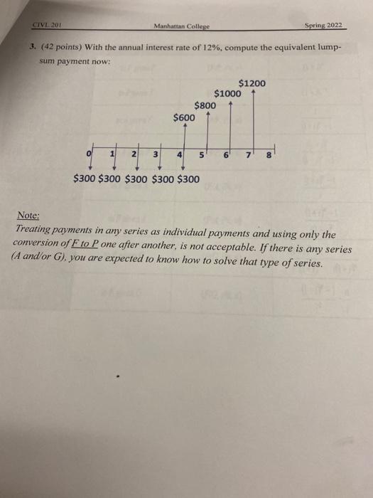 Civl 201 Manhattan College Spring 2022 3 42 Points With The Annual Interest Rate Of 12 Compute The Equivalent Lump 1