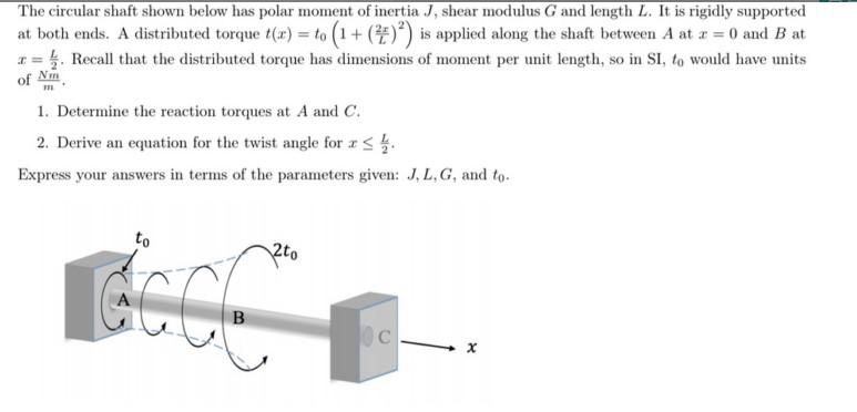 The Circular Shaft Shown Below Has Polar Moment Of Inertia J Shear Modulus G And Length L It Is Rigidly Supported At B 1