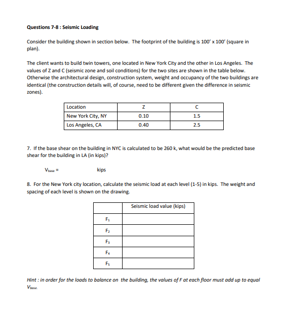 Questions 7 8 Seismic Loading Consider The Building Shown In Section Below The Footprint Of The Building Is 100 X 10 1