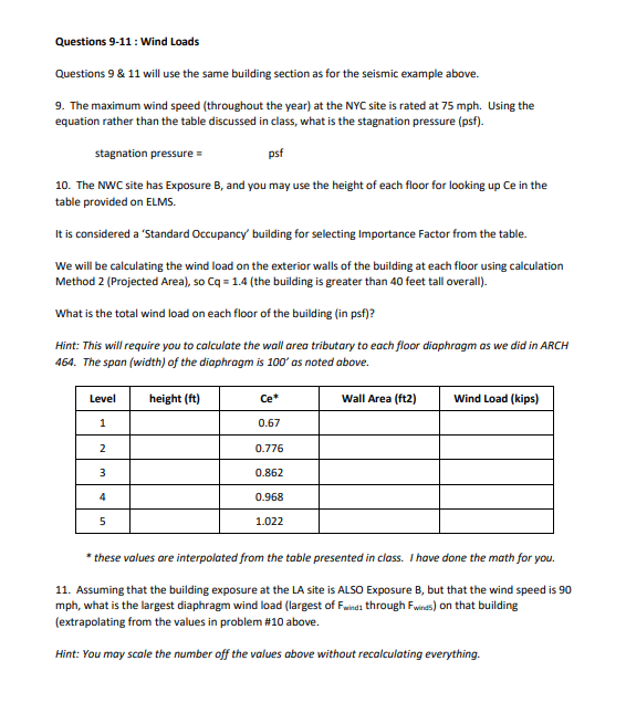 Questions 9 11 Wind Loads Questions 9 11 Will Use The Same Building Section As For The Seismic Example Above 9 The 1