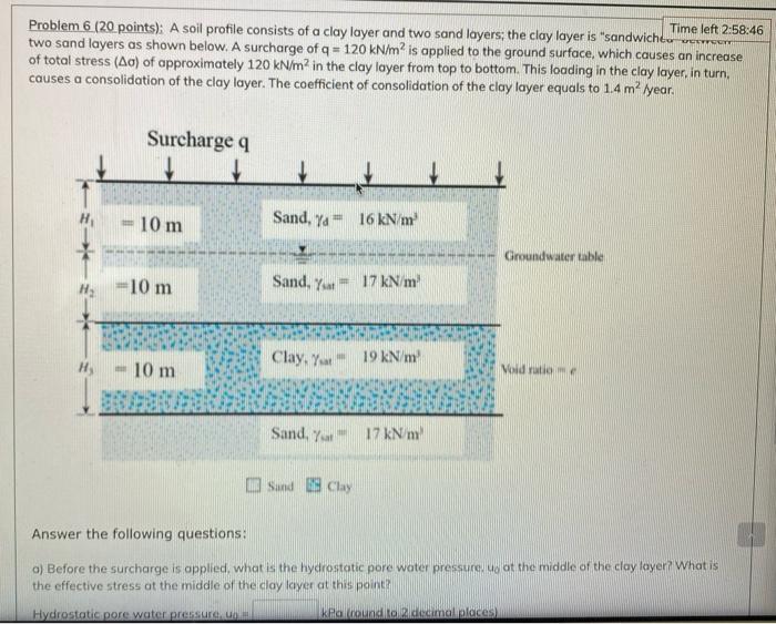 Time Left 2 58 46 Problem 6 20 Points A Soil Profile Consists Of A Clay Layer And Two Sand Layers The Clay Layer Is 1
