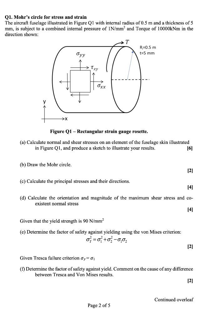 Q1 Mohr S Circle For Stress And Strain The Aircraft Fuselage Illustrated In Figure Q1 With Internal Radius Of 0 5 M And 1