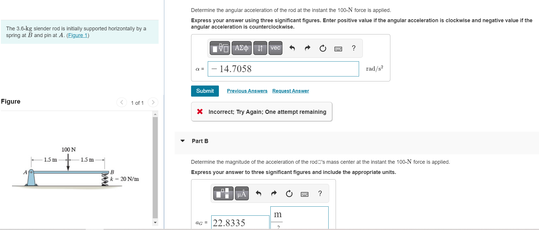 Determine The Angular Acceleration Of The Rod At The Instant The 100 N Force Is Applied Express Your Answer Using Three 1