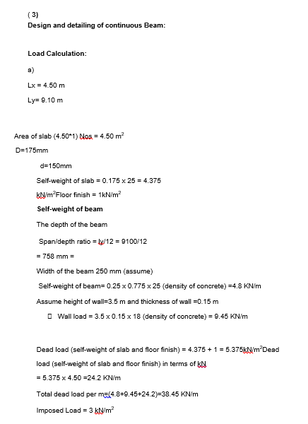 3 Design And Detailing Of Continuous Beam Load Calculation A Lx 4 50 M Ly 8 10 M Area Of Slab 4 50 1 Nos 4 5 1