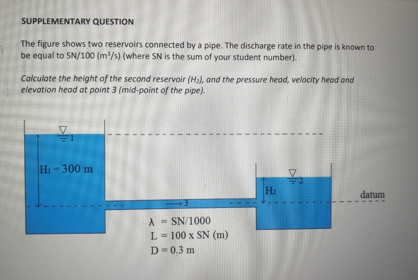 Supplementary Question The Figure Shows Two Reservoirs Connected By A Pipe The Discharge Rate In The Pipe Is Known To B 1