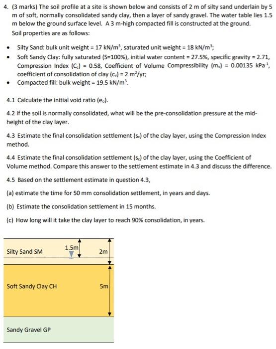 4 3 Marks The Soil Profile At A Site Is Shown Below And Consists Of 2 M Of Silty Sand Underlain By 5 M Of Soft Norma 1
