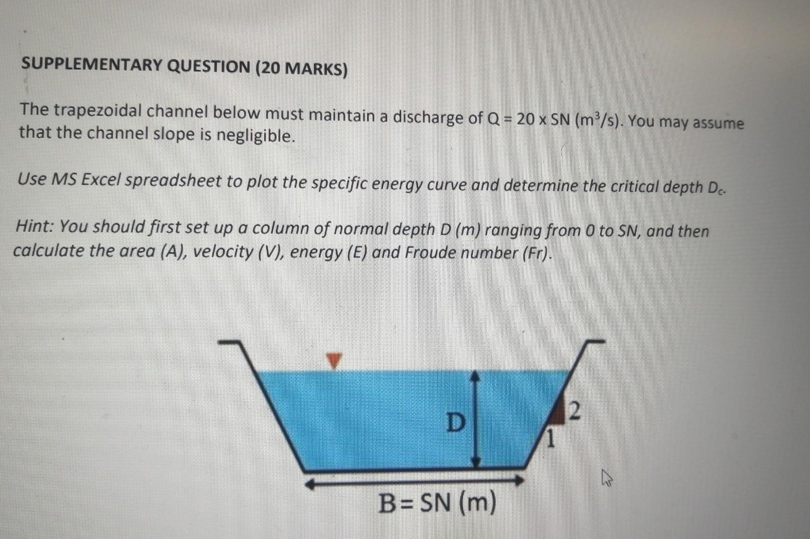 Supplementary Question 20 Marks The Trapezoidal Channel Below Must Maintain A Discharge Of Q 20 Sn M S You May As 1